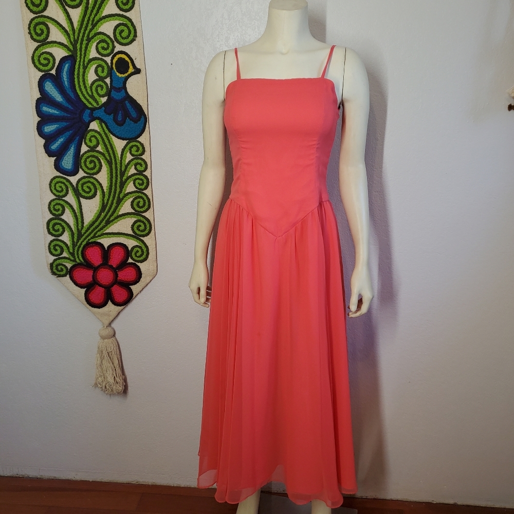 Vintage 80s Chiffon Coral Summer Dress